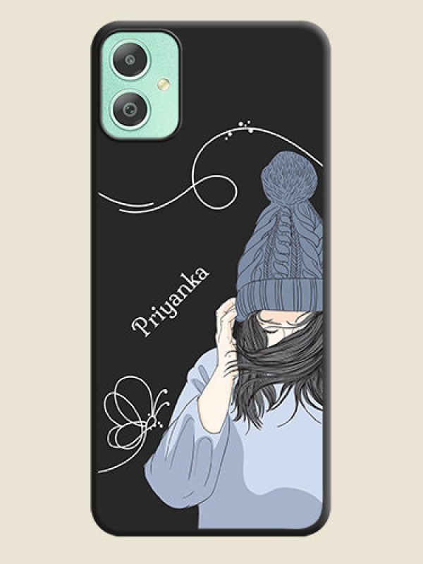 Custom Girl With Blue Winter Outfiit Custom Text Design On Space Black Custom Soft Matte Mobile Back Cover - Galaxy M05