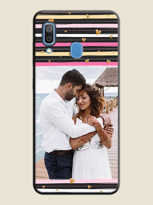 Custom Multicolor Lines and Golden Love Symbols Design on Photo on Space Black Soft Matte Mobile Cover - Galaxy M10s