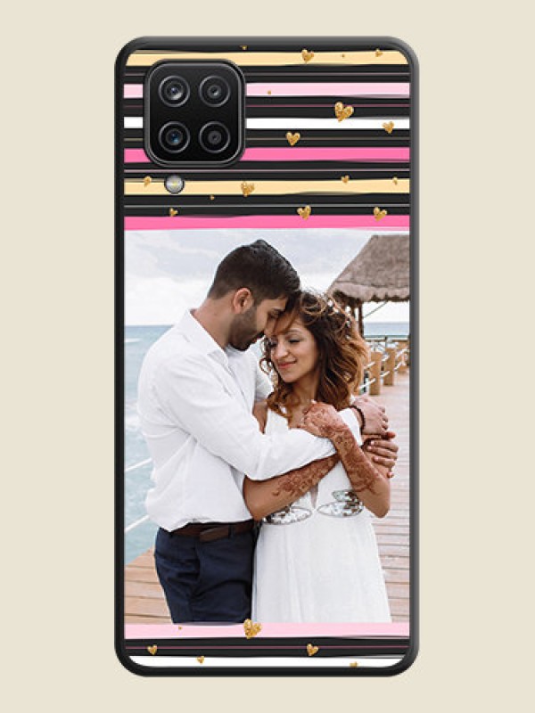 Custom Multicolor Lines and Golden Love Symbols Design on Photo on Space Black Soft Matte Mobile Cover - Galaxy M12