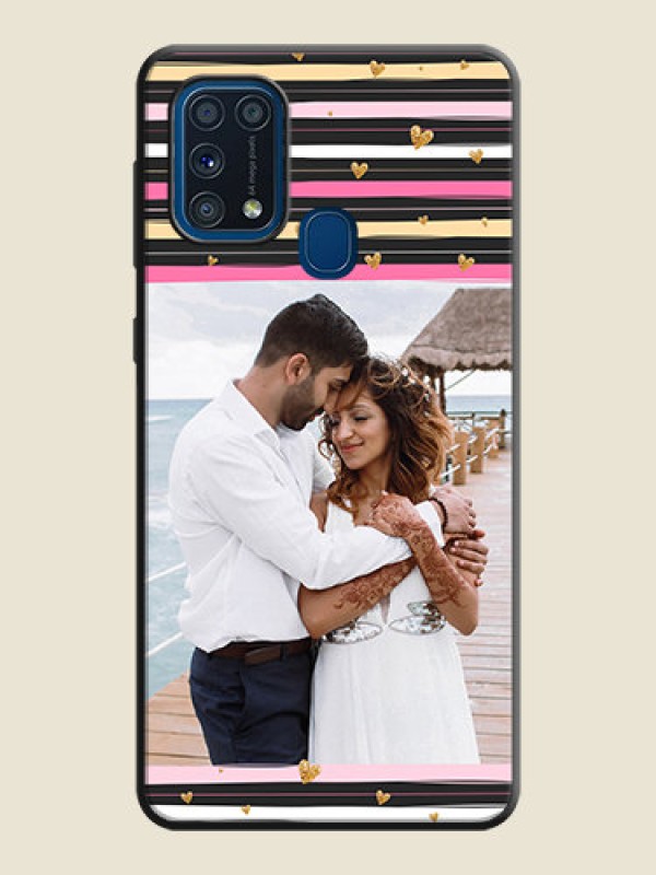 Custom Multicolor Lines and Golden Love Symbols Design - Photo on Space Black Soft Matte Mobile Cover - Galaxy M31