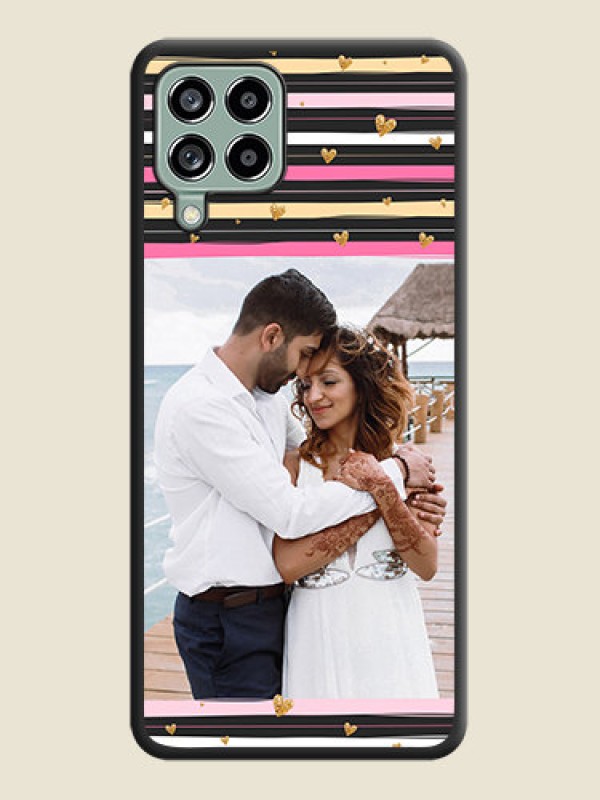 Custom Multicolor Lines and Golden Love Symbols Design on Photo on Space Black Soft Matte Mobile Cover - Galaxy M53 5G