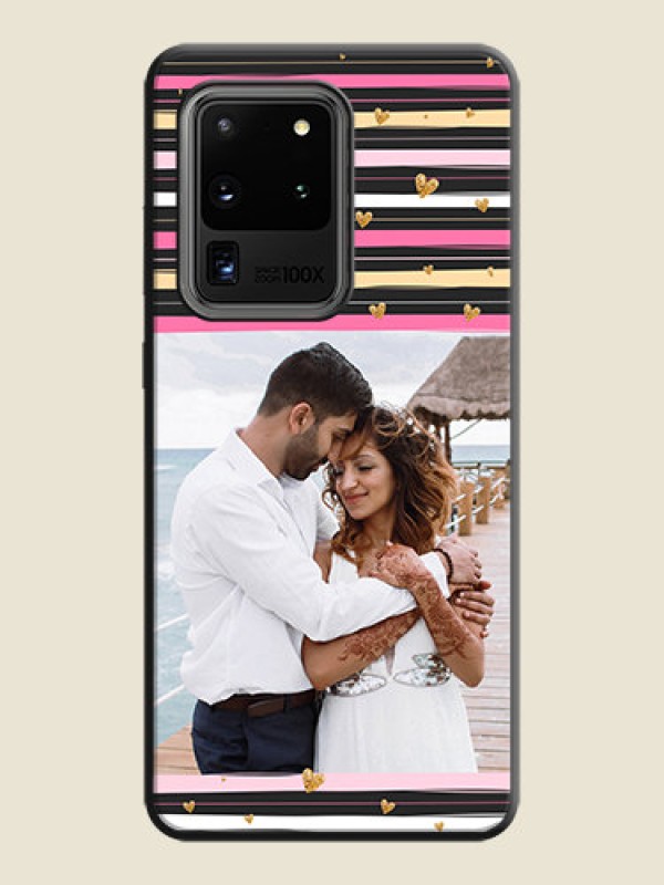 Custom Multicolor Lines and Golden Love Symbols Design - Photo on Space Black Soft Matte Mobile Cover - Galaxy S20 Ultra