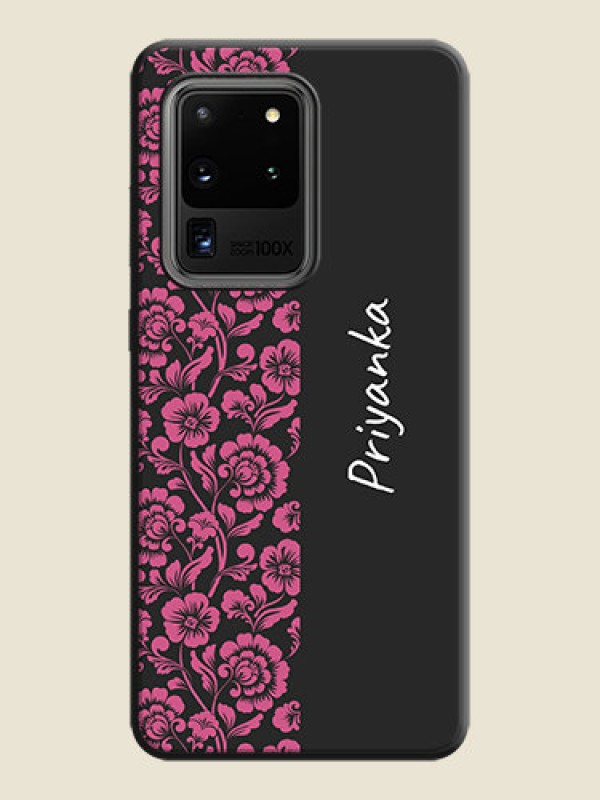 Custom Pink Floral Pattern Design With Custom Text On Space Black Personalized Soft Matte Phone Covers -Samsung Galaxy S20 Ultra