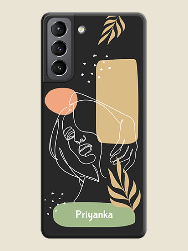 Custom Custom Text With Line Art Of Women & Leaves Design On Space Black Personalized Soft Matte Phone Covers -Samsung Galaxy S21