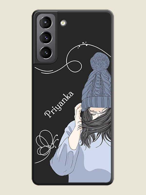 Custom Girl With Blue Winter Outfiit Custom Text Design On Space Black Personalized Soft Matte Phone Covers -Samsung Galaxy S21