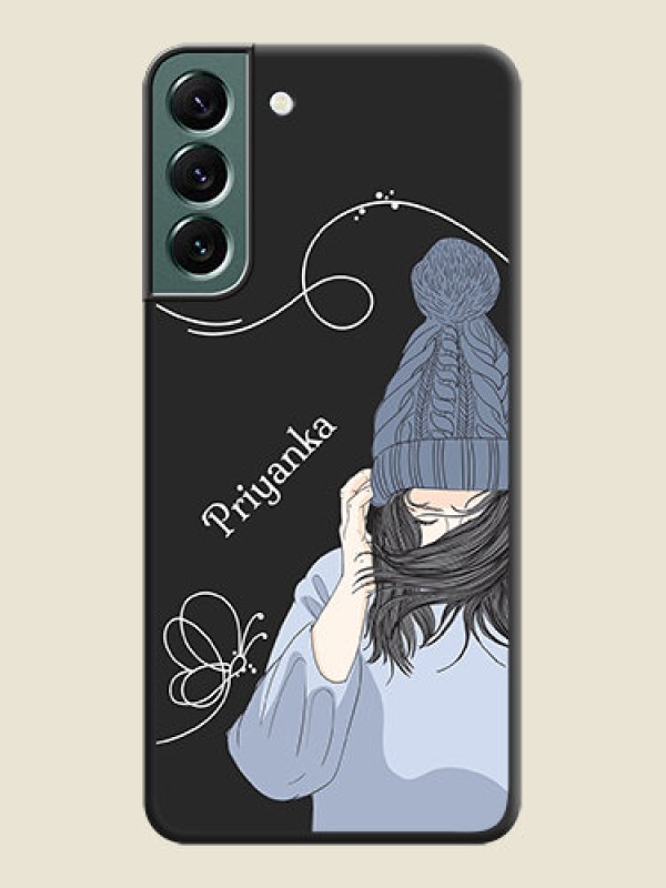 Custom Girl With Blue Winter Outfiit Custom Text Design On Space Black Personalized Soft Matte Phone Covers -Samsung Galaxy S22 Plus 5G