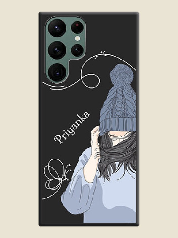 Custom Girl With Blue Winter Outfiit Custom Text Design On Space Black Personalized Soft Matte Phone Covers -Samsung Galaxy S22 Ultra 5G