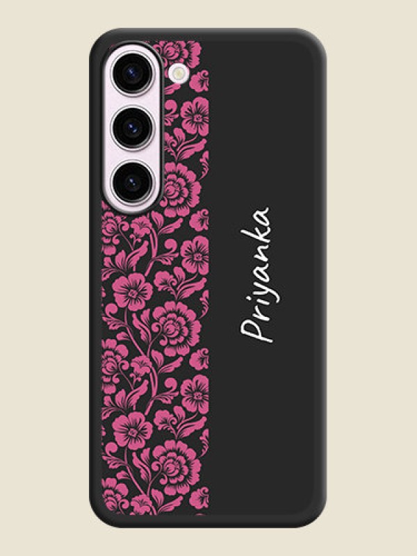 Custom Pink Floral Pattern Design With Custom Text On Space Black Personalized Soft Matte Phone Covers -Samsung Galaxy S23 Plus 5G