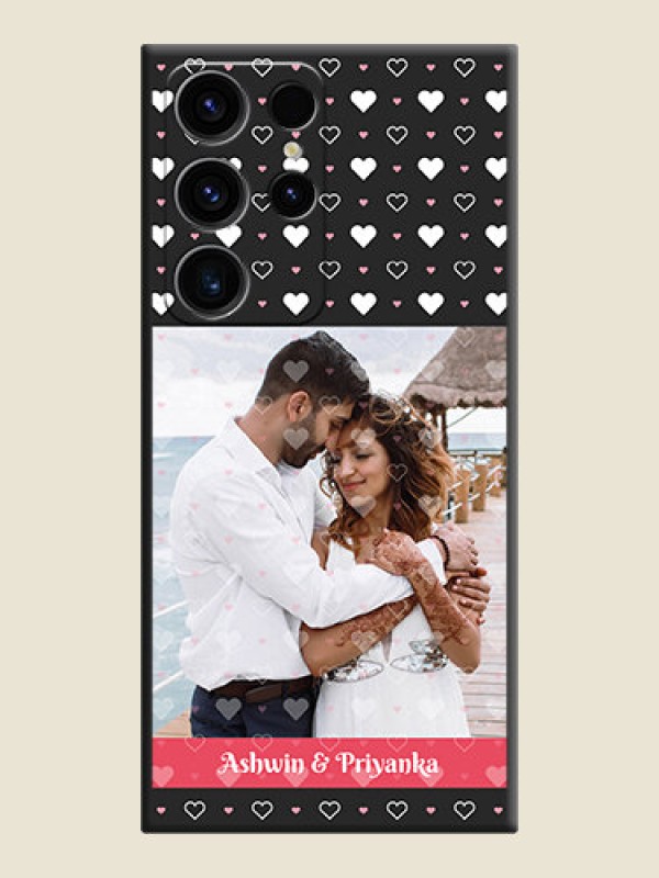Custom White Color Love Symbols with Text Design on Photo on Space Black Soft Matte Phone Cover - Samsung Galaxy S23 Ultra 5G