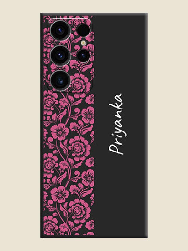 Custom Pink Floral Pattern Design With Custom Text On Space Black Personalized Soft Matte Phone Covers -Samsung Galaxy S23 Ultra 5G