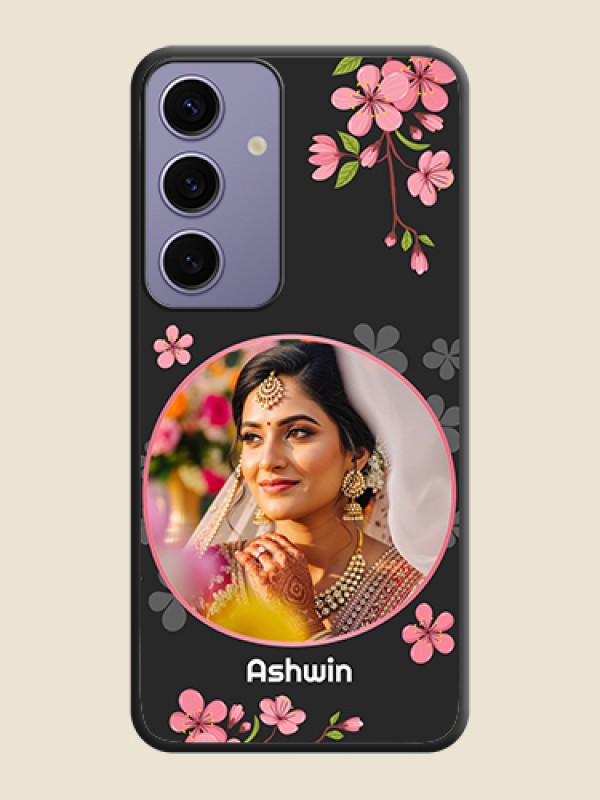 Custom Round Image with Pink Color Floral Design - Photo on Space Black Soft Matte Back Cover - Galaxy S24 5G