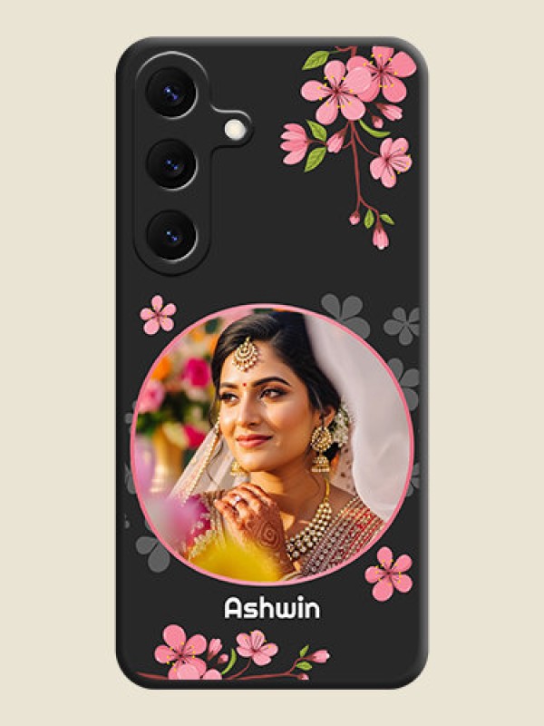 Custom Round Image with Pink Color Floral Design on Photo On Space Black Custom Soft Matte Mobile Back Cover - Galaxy S25 5G