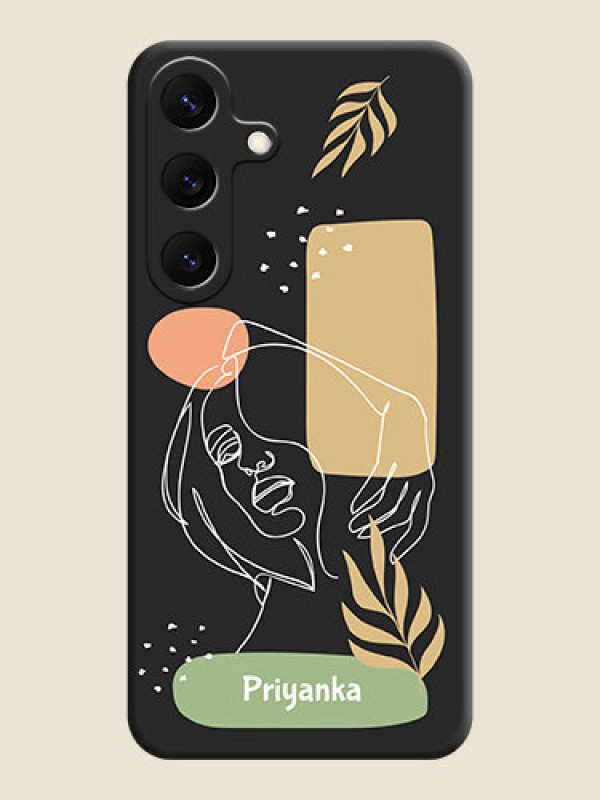 Custom Custom Text With Line Art Of Women & Leaves Design On Space Black Custom Soft Matte Mobile Back Cover - Galaxy S25 5G