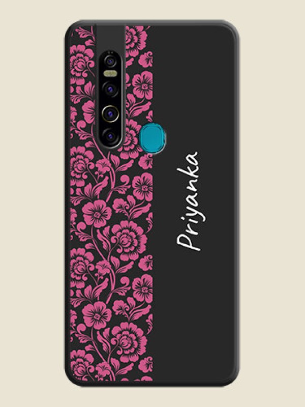 Custom Pink Floral Pattern Design With Custom Text On Space Black Personalized Soft Matte Phone Covers -Tecno Camon 15 Pro