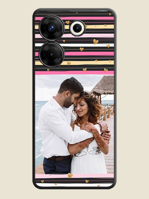 Custom Multicolor Lines and Golden Love Symbols Design - Photo on Space Black Soft Matte Mobile Cover - Tecno Camon 20 Pro