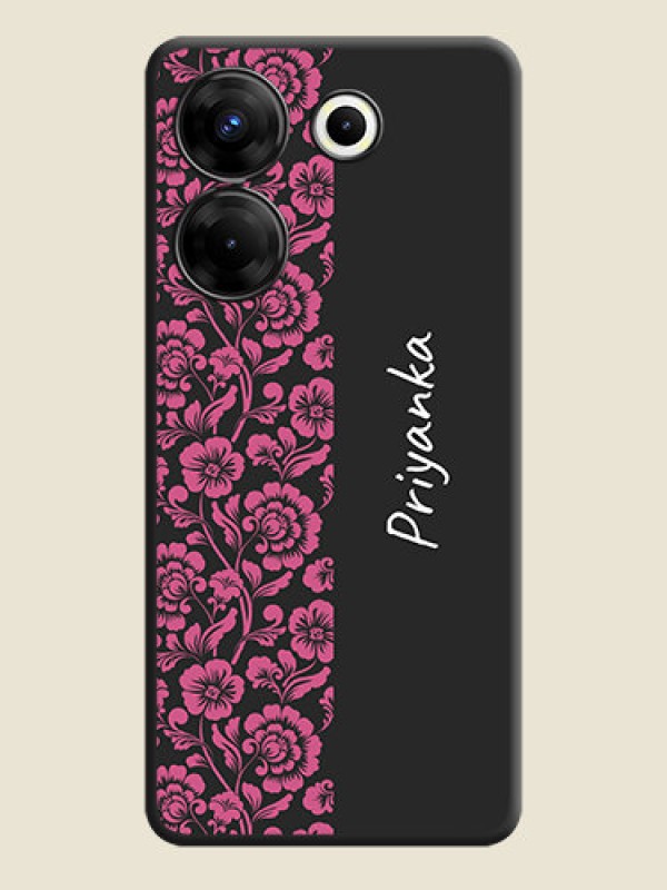 Custom Pink Floral Pattern Design With Custom Text On Space Black Personalized Soft Matte Phone Covers - Tecno Camon 20 Pro