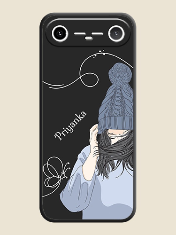 Custom Girl With Blue Winter Outfiit Custom Text Design On Space Black Custom Soft Matte Mobile Back Cover - Tecno Pova Slim 5G