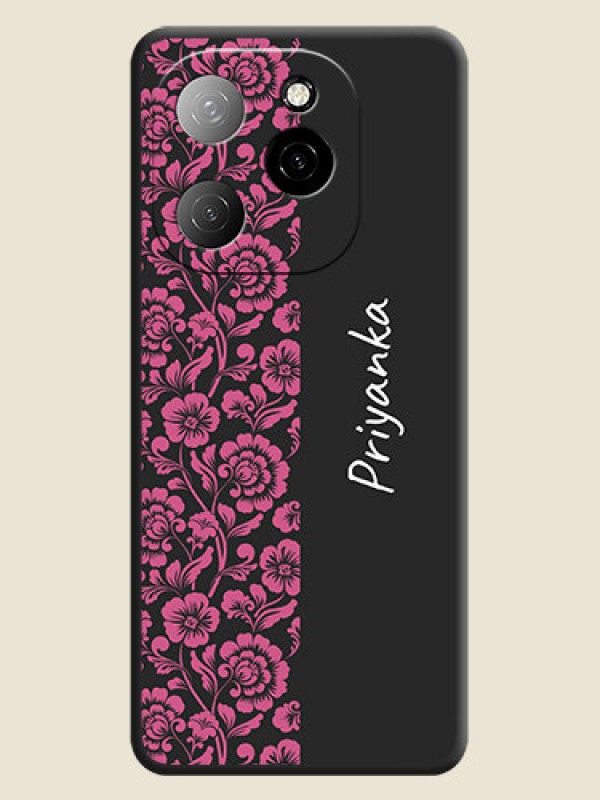 Custom Pink Floral Pattern Design With Custom Text On Space Black Custom Soft Matte Mobile Back Cover - Spark 20 Pro 5G