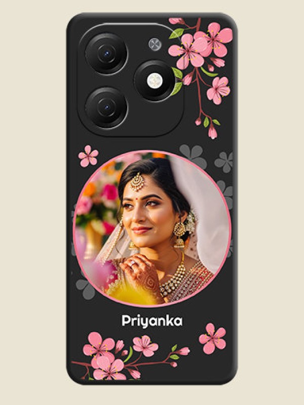 Custom Round Image with Pink Color Floral Design - Photo on Space Black Soft Matte Back Cover - Tecno Spark 20