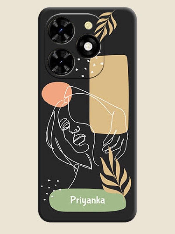 Custom Custom Text With Line Art Of Women & Leaves Design On Space Black Personalized Soft Matte Phone Covers - Tecno Spark 20C