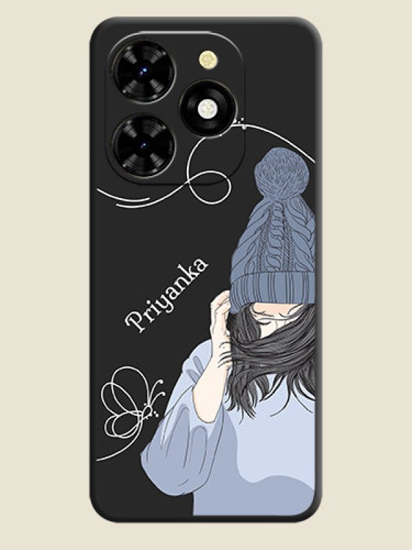 Custom Girl With Blue Winter Outfiit Custom Text Design On Space Black Personalized Soft Matte Phone Covers - Tecno Spark 20C