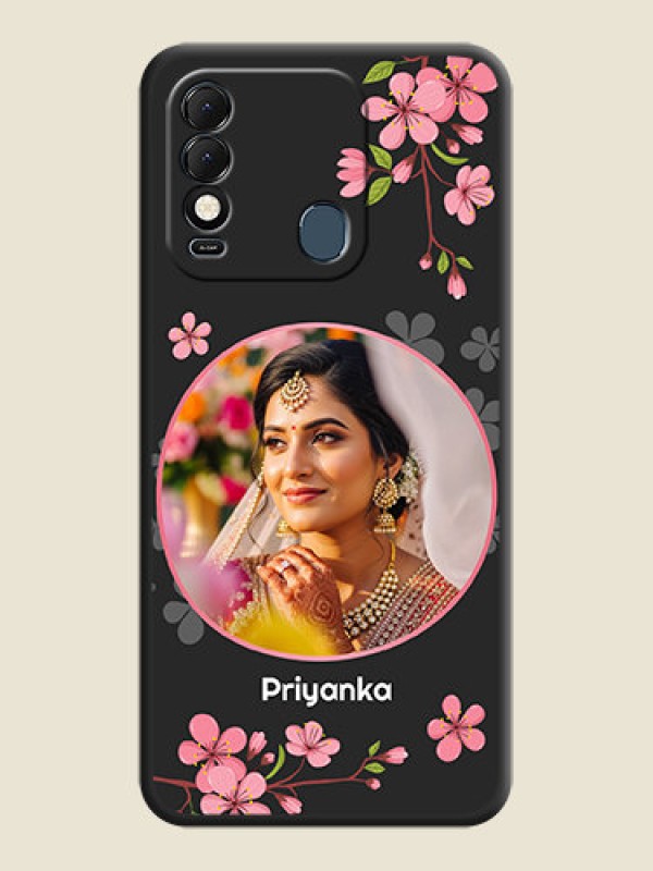 Custom Round Image with Pink Color Floral Design on Photo on Space Black Soft Matte Back Cover - Tecno Spark 8