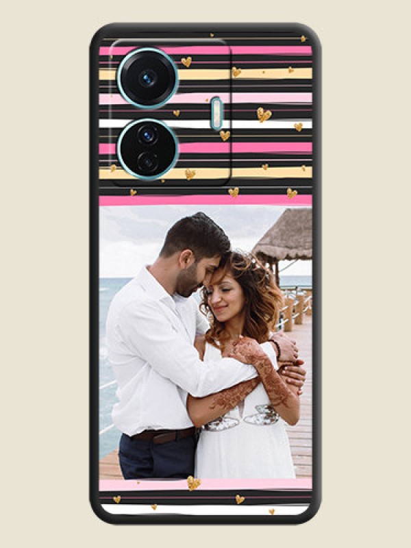 Custom Multicolor Lines and Golden Love Symbols Design on Photo on Space Black Soft Matte Mobile Cover - Vivo T1 Pro 5G