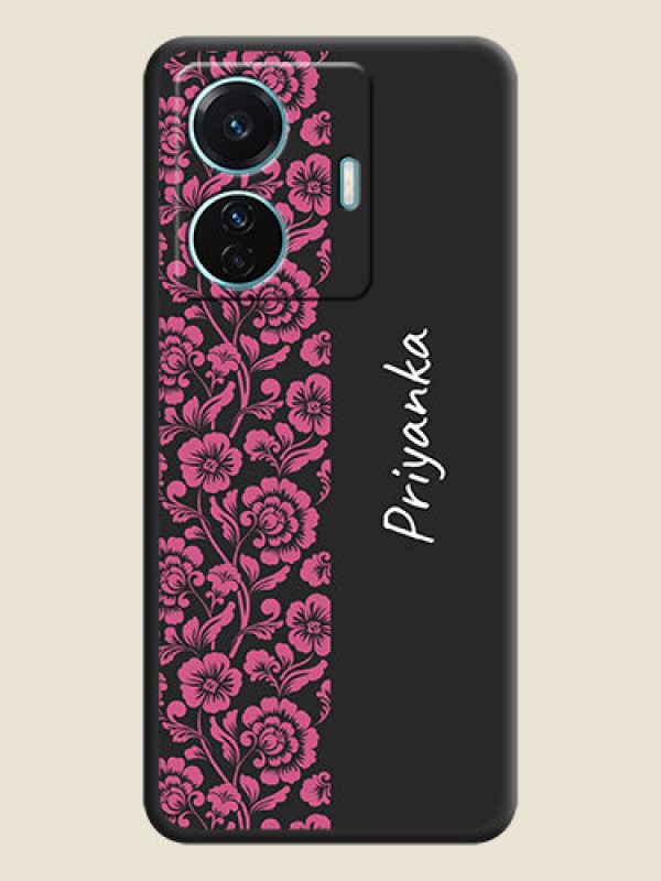Custom Pink Floral Pattern Design With Custom Text On Space Black Personalized Soft Matte Phone Covers -Vivo T1 Pro 5G