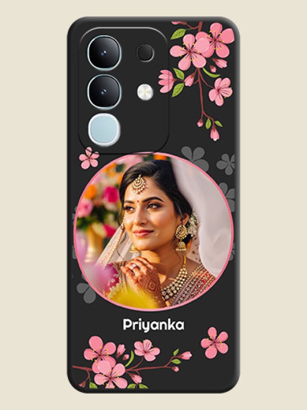 Custom Round Image with Pink Color Floral Design on Photo On Space Black Custom Soft Matte Mobile Back Cover - Vivo T4x 5G