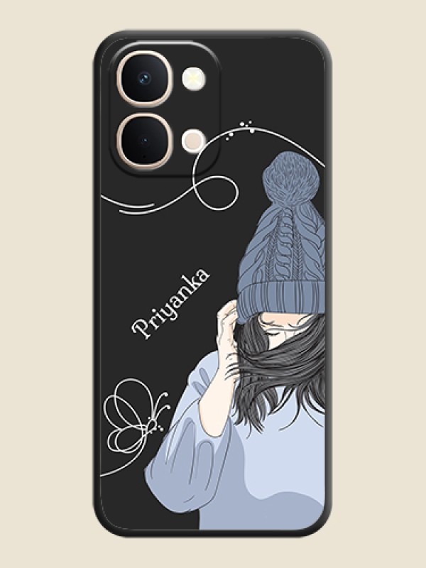 Custom Girl With Blue Winter Outfiit Custom Text Design On Space Black Custom Soft Matte Mobile Back Cover - Vivo T5X 5G