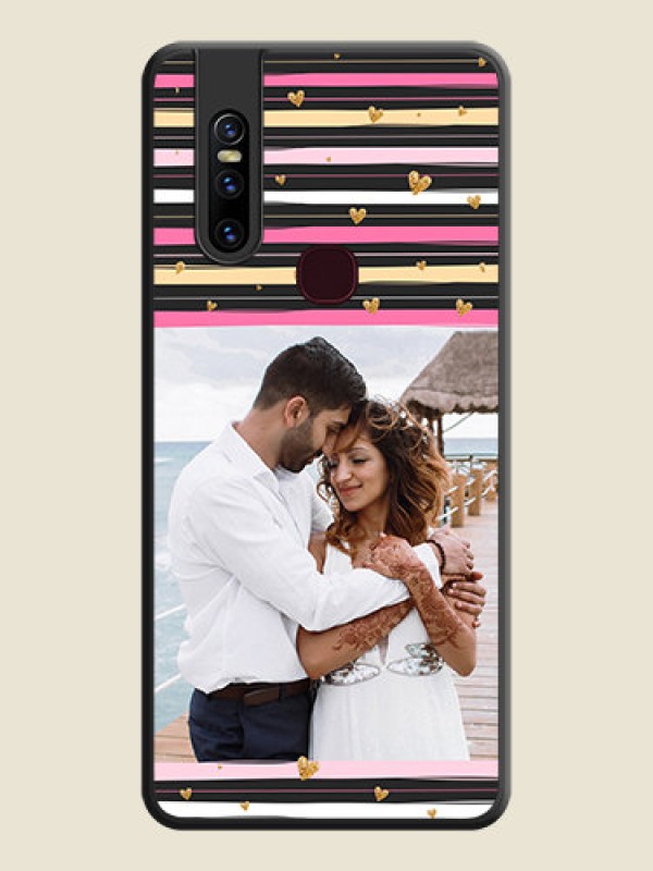 Custom Multicolor Lines and Golden Love Symbols Design on Photo on Space Black Soft Matte Mobile Cover - Vivo V15