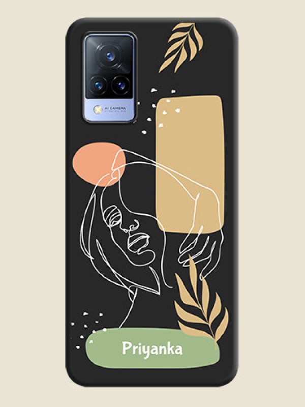 Custom Custom Text With Line Art Of Women & Leaves Design On Space Black Personalized Soft Matte Phone Covers -Vivo V21 5G