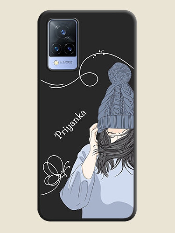 Custom Girl With Blue Winter Outfiit Custom Text Design On Space Black Personalized Soft Matte Phone Covers -Vivo V21 5G