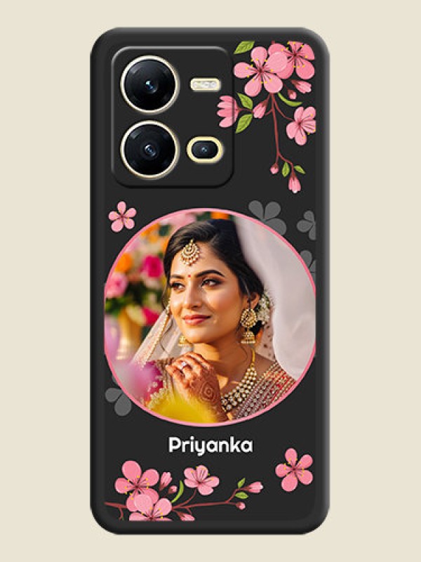 Custom Round Image with Pink Color Floral Design on Photo on Space Black Soft Matte Back Cover - Vivo V25 5G