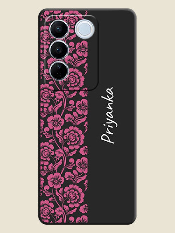 Custom Pink Floral Pattern Design With Custom Text On Space Black Personalized Soft Matte Phone Covers -Vivo V27 Pro