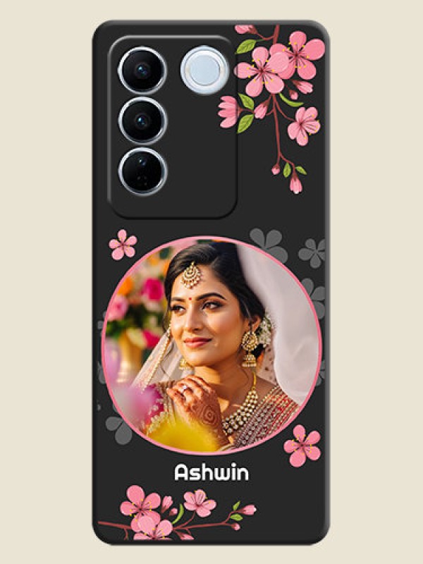 Custom Round Image with Pink Color Floral Design on Photo on Space Black Soft Matte Back Cover - Vivo V27