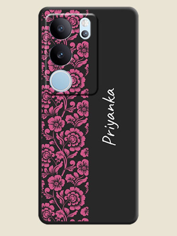 Custom Pink Floral Pattern Design With Custom Text On Space Black Custom Soft Matte Mobile Back Cover - Vivo V29 Pro 5G