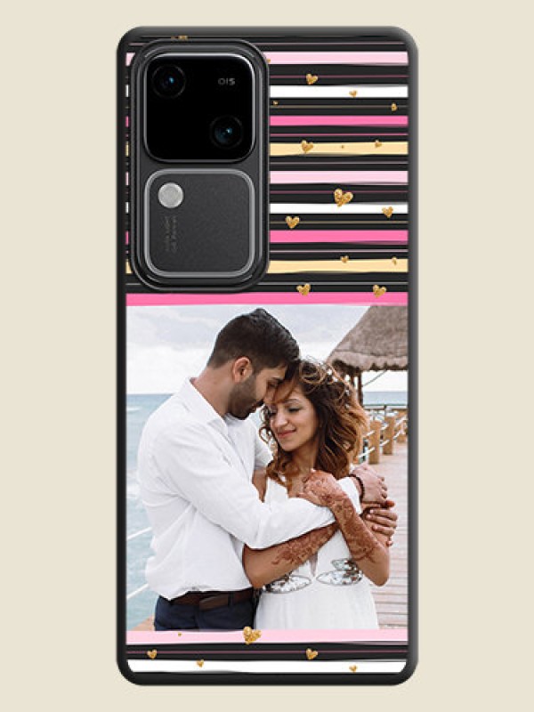 Custom Multicolor Lines and Golden Love Symbols Design - Photo on Space Black Soft Matte Mobile Cover - Vivo V30 5G