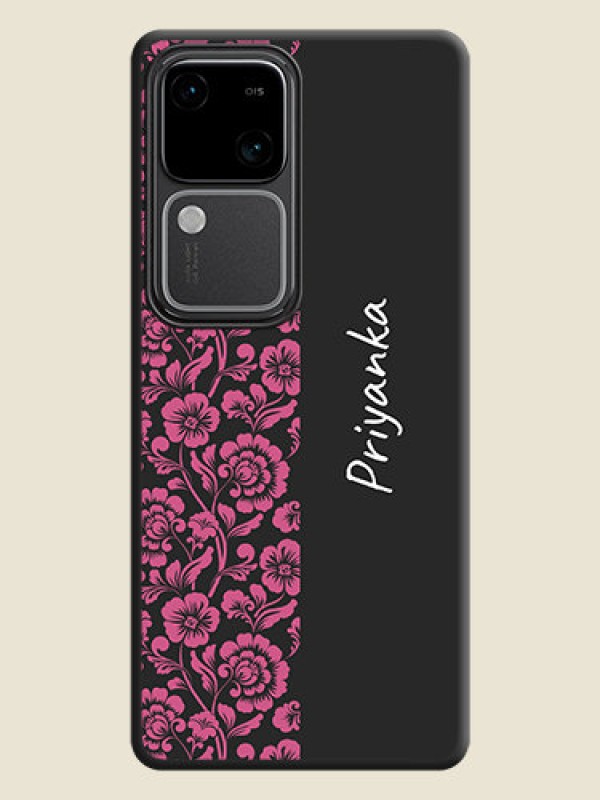 Custom Pink Floral Pattern Design With Custom Text On Space Black Personalized Soft Matte Phone Covers - Vivo V30 5G