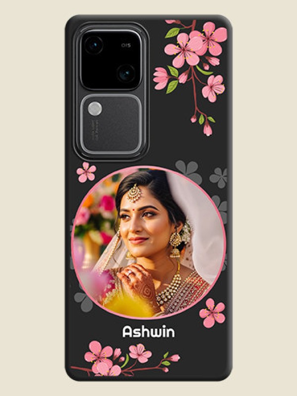 Custom Round Image with Pink Color Floral Design - Photo on Space Black Soft Matte Back Cover - Vivo V30 Pro 5G