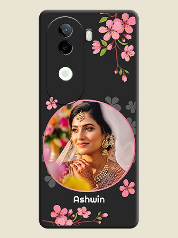 Custom Round Image with Pink Color Floral Design on Photo On Space Black Custom Soft Matte Mobile Back Cover - Vivo V40e 5G