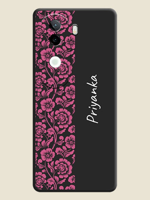 Custom Pink Floral Pattern Design With Custom Text On Space Black Custom Soft Matte Mobile Back Cover - Vivo V40e 5G