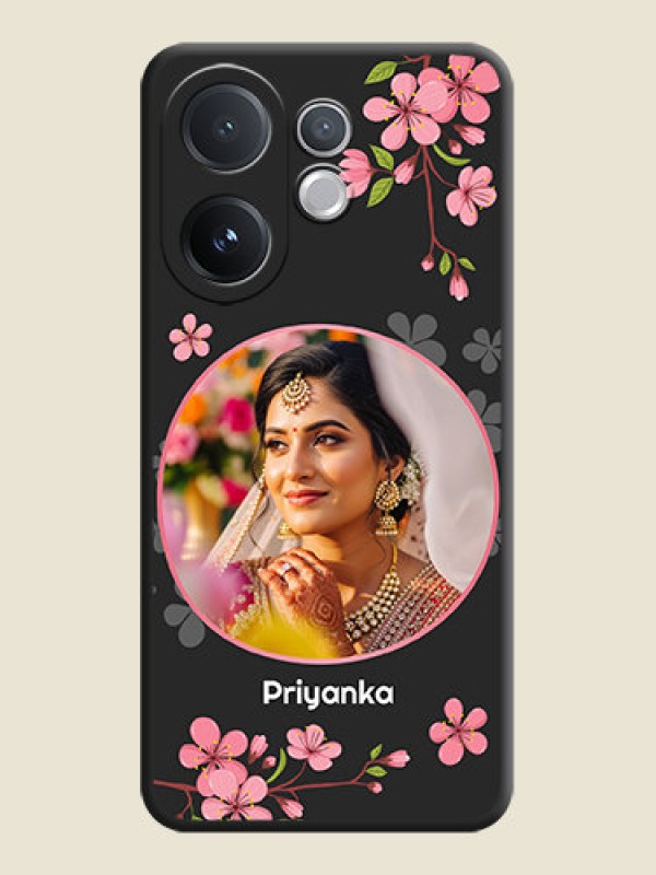 Custom Round Image with Pink Color Floral Design on Photo On Space Black Custom Soft Matte Mobile Back Cover - Vivo V60 5G