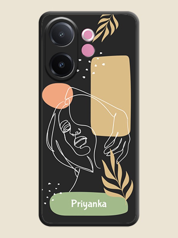 Custom Custom Text With Line Art Of Women & Leaves Design On Space Black Custom Soft Matte Mobile Back Cover - Vivo V60e 5G