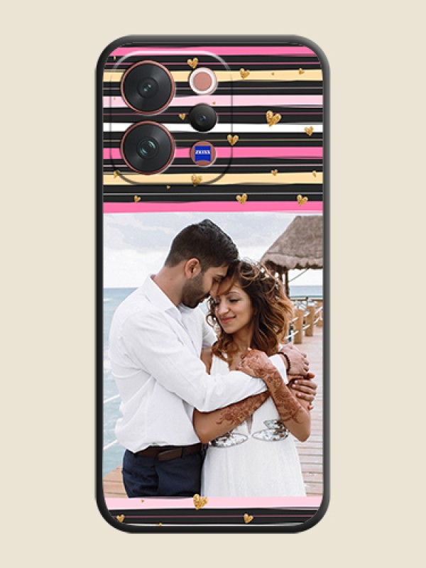 Custom Multicolor Lines and Golden Love Symbols Design on Photo On Space Black Custom Soft Matte Mobile Back Cover - Vivo V70 Elite 5G