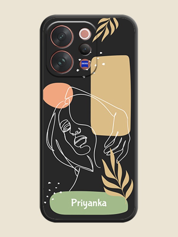 Custom Custom Text With Line Art Of Women & Leaves Design On Space Black Custom Soft Matte Mobile Back Cover - Vivo V70 Elite 5G