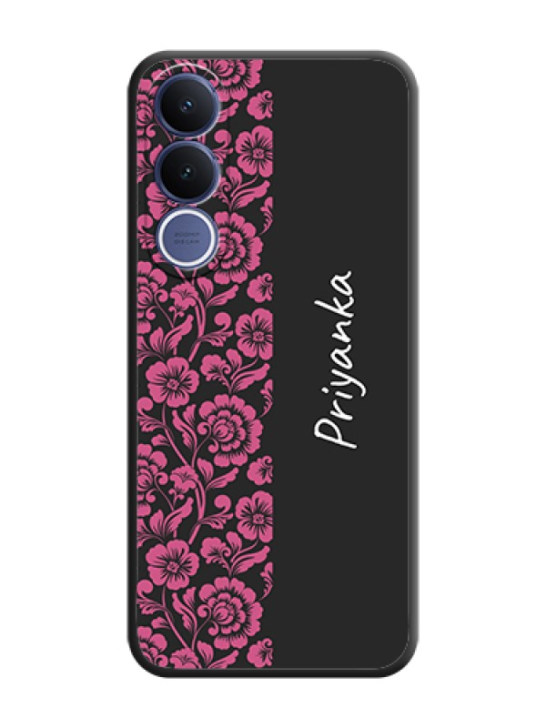 Custom Pink Floral Pattern Design With Custom Text On Space Black Custom Soft Matte Mobile Back Cover - Vivo V70 Fe 5G