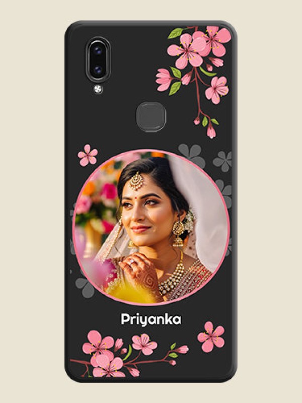 Custom Round Image with Pink Color Floral Design on Photo on Space Black Soft Matte Back Cover - Vivo V9 Pro