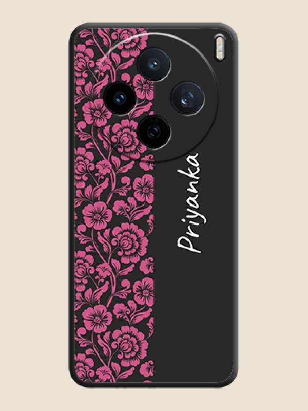 Custom Pink Floral Pattern Design With Custom Text On Space Black Custom Soft Matte Mobile Back Cover - Vivo X200T 5G