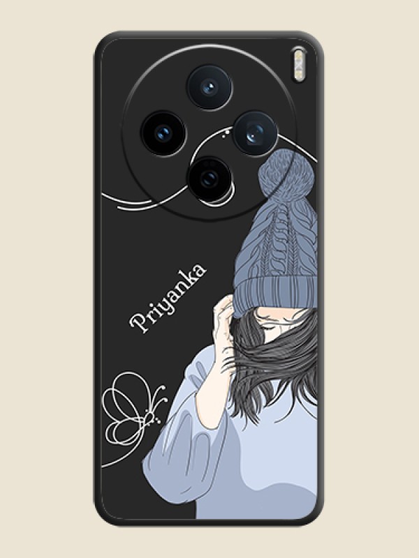 Custom Girl With Blue Winter Outfiit Custom Text Design On Space Black Custom Soft Matte Mobile Back Cover - Vivo X200T 5G